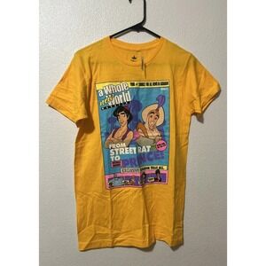 DISNEY PRINCESS ALADDIN Graphic Womens Yellow Sz Small T SHIRT Genie, Abu, Jafar